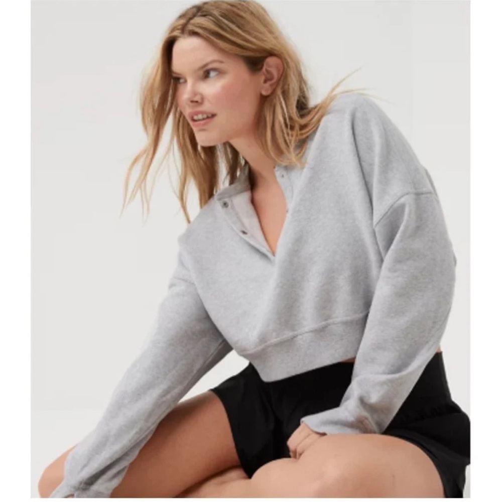 Aerie offline throwback snap crew neck sweatshirt gray medium